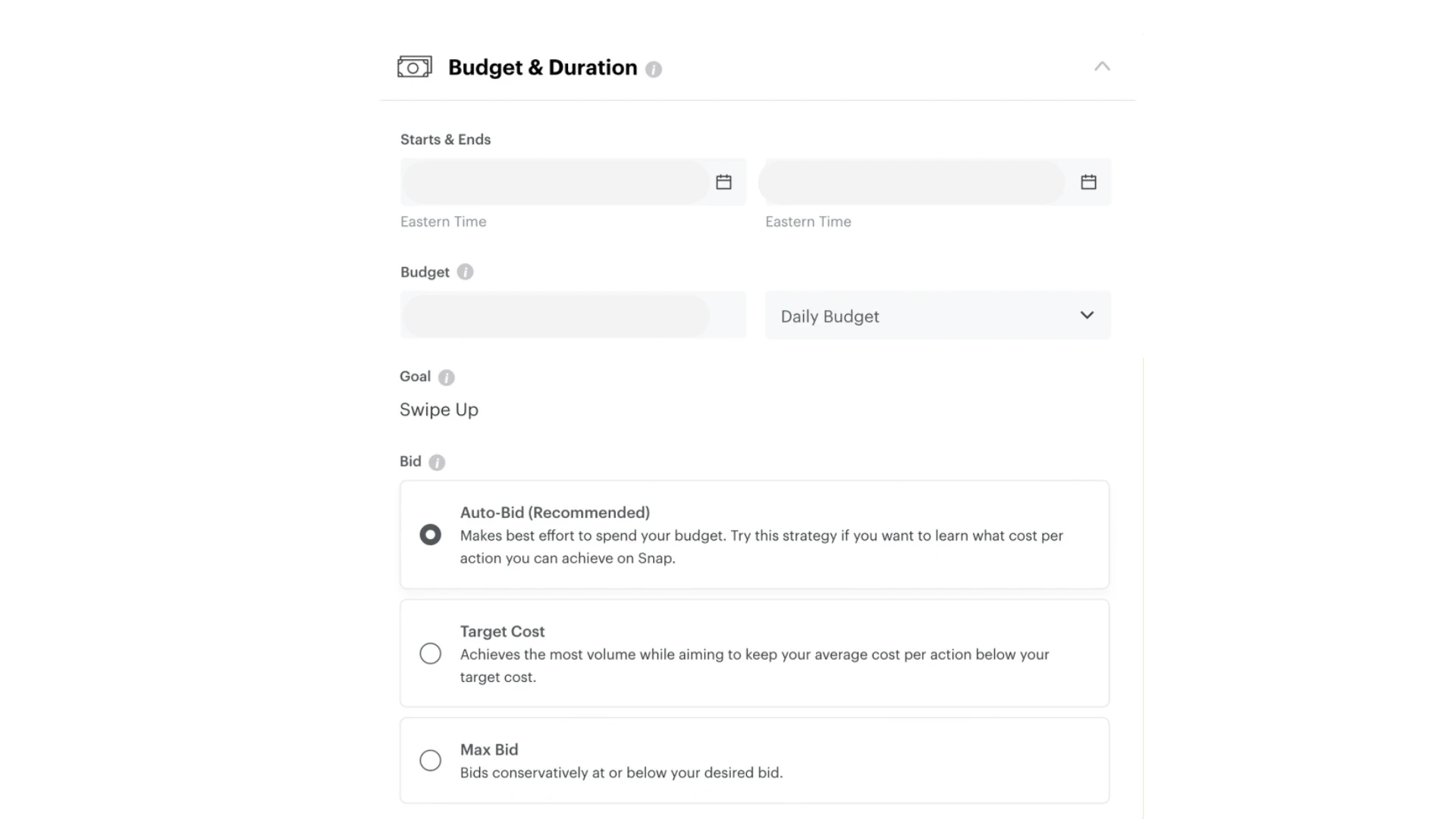 How to set budget duration in snapchat ad campaign